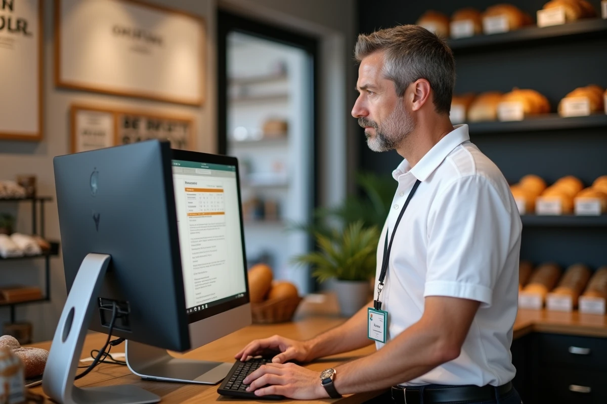 Employ&eacute; masculin en arri&egrave;re-boutique d'une boulangerie acc&eacute;dant &agrave; un portail intranet sur ordinateur de bureau