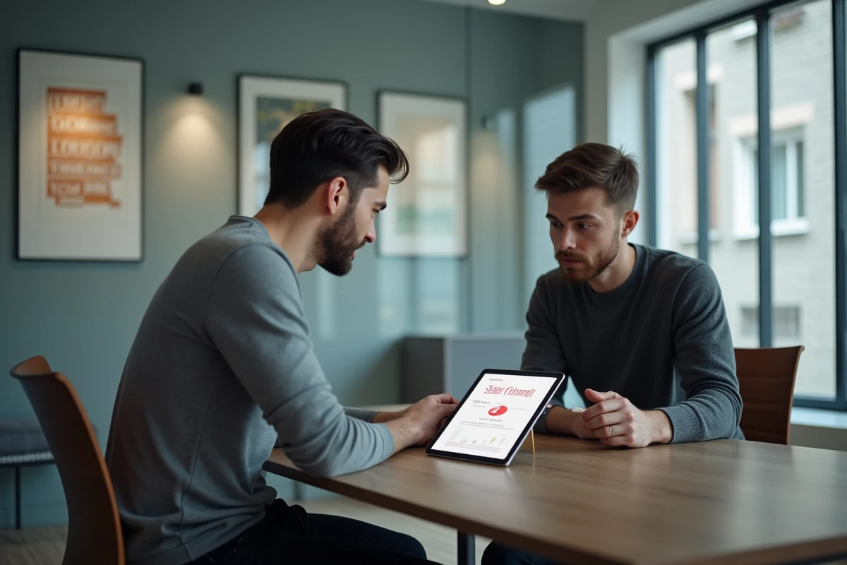 Jeune entrepreneur en rendez-vous de conseil avec un accompagnateur spécialisé pour bénéficier d'aides à la création d'entreprise