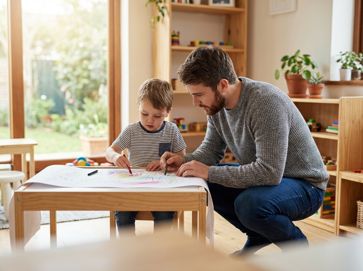 Adulte et enfant concentrés sur un dessin dans une salle de jeux