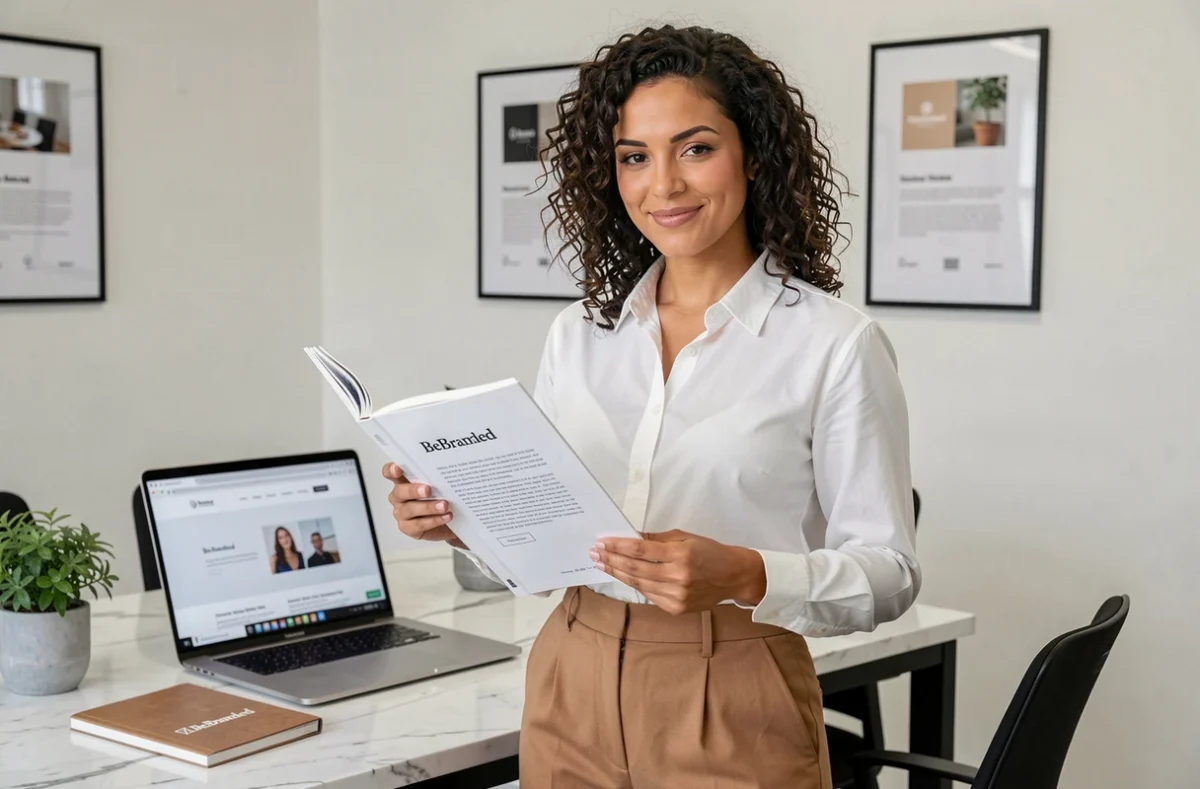 Stratège en branding de BeBranded présentant un guide de style web et d'identité de marque dans une salle de réunion épurée