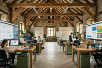 Bureau d'une agence de création de sites internet dans le Jura avec des professionnels collaborant autour d'écrans affichant des maquettes web