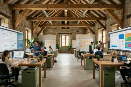 Bureau d'une agence de création de sites internet dans le Jura avec des professionnels collaborant autour d'écrans affichant des maquettes web