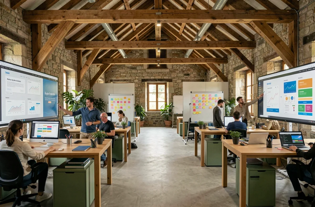 Bureau d'une agence de création de sites internet dans le Jura avec des professionnels collaborant autour d'écrans affichant des maquettes web