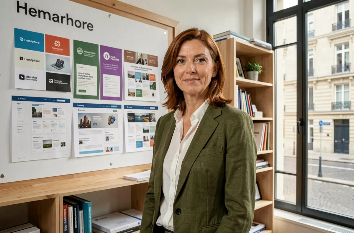 Directrice créative de l'agence Hemaphore présentant une stratégie de marque et des maquettes web dans son studio