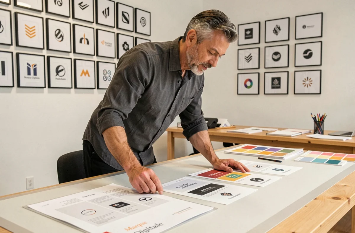 Directeur créatif de Marque Digitale examinant des maquettes d'identité de marque et de sites web dans un studio de création