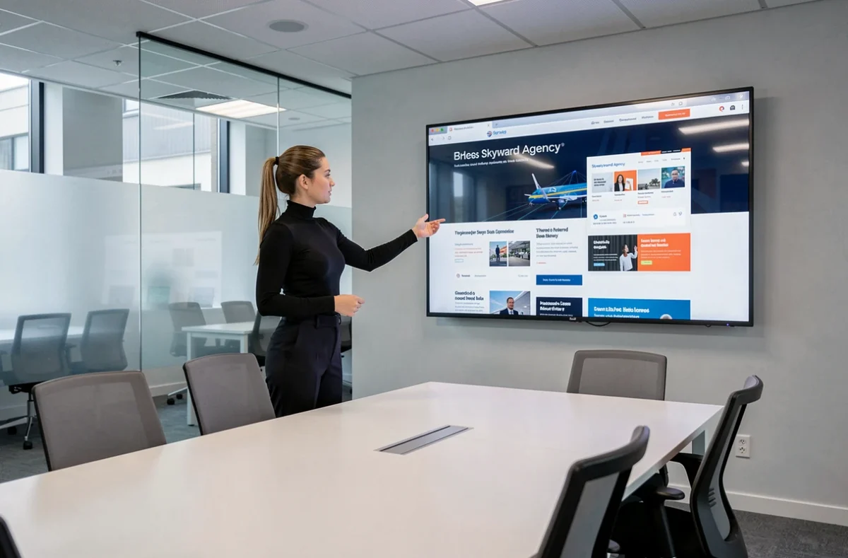 Chargée de projet de Skyward Agency présentant une campagne digitale sur grand écran dans une salle de réunion moderne