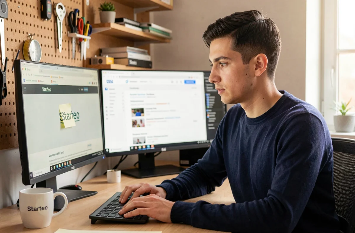 Développeur web de l'agence Starteo travaillant sur l'interface d'un site internet à son bureau
