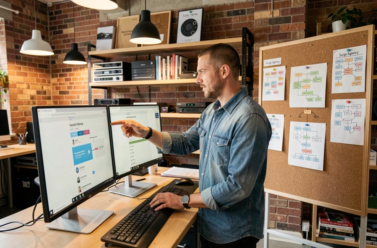 Designer UX de Surge Agency analysant des flux utilisateurs et des interfaces web dans un studio créatif moderne