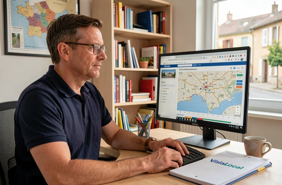 Consultant digital de VisiaLocal analysant les performances web de commerces locaux dans la Drôme depuis son bureau