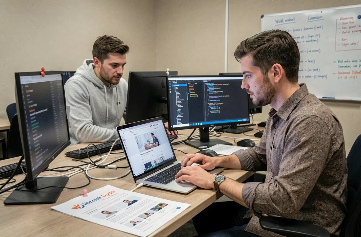 Deux développeurs de Webmate Digital collaborant sur un projet de site e-commerce dans un espace de coworking