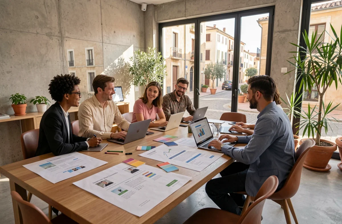 Équipe d'une agence web dans le Gard travaillant autour d'une table avec des maquettes de sites internet