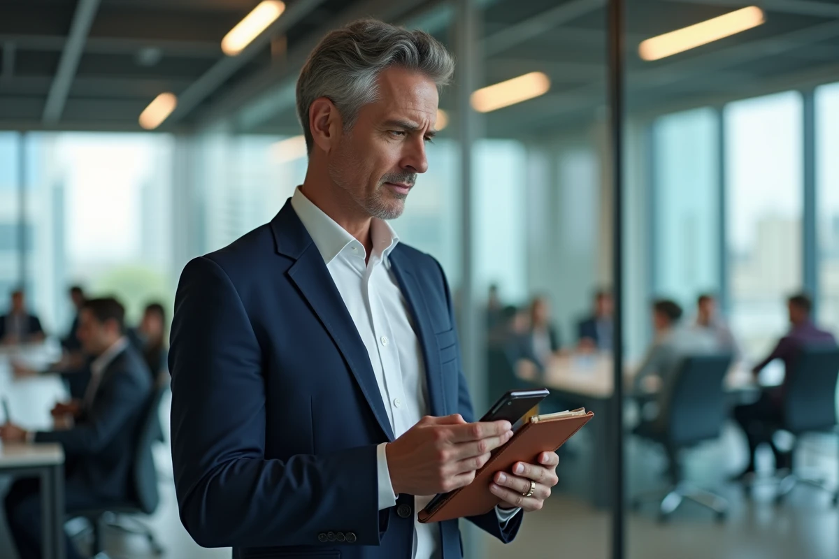 Homme en costume comparant agenda papier et agenda num&eacute;rique dans un bureau d'entreprise moderne