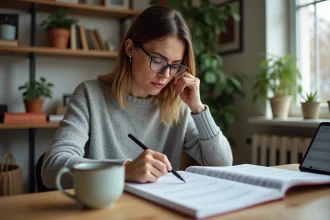 Femme comparant un agenda papier et une application agenda numérique sur tablette dans un bureau à domicile