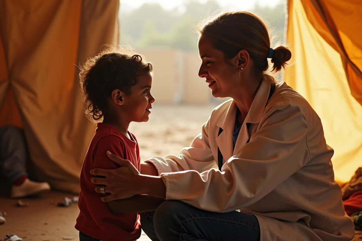 Travailleur humanitaire consolant un enfant dans un refuge lumineux