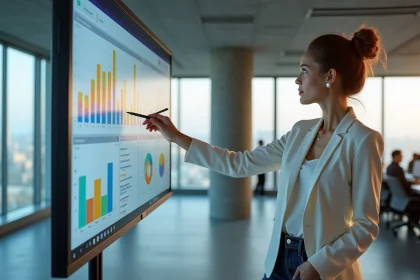 Responsable marketing e-commerce analysant des données de panier moyen sur un tableau de bord digital dans un bureau parisien moderne