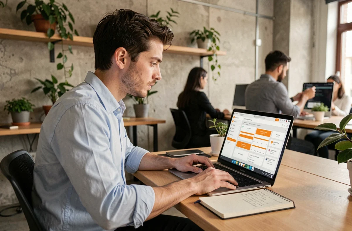 Jeune analyste en audit utilisant une plateforme d'automatisation par IA dans un espace de coworking contemporain