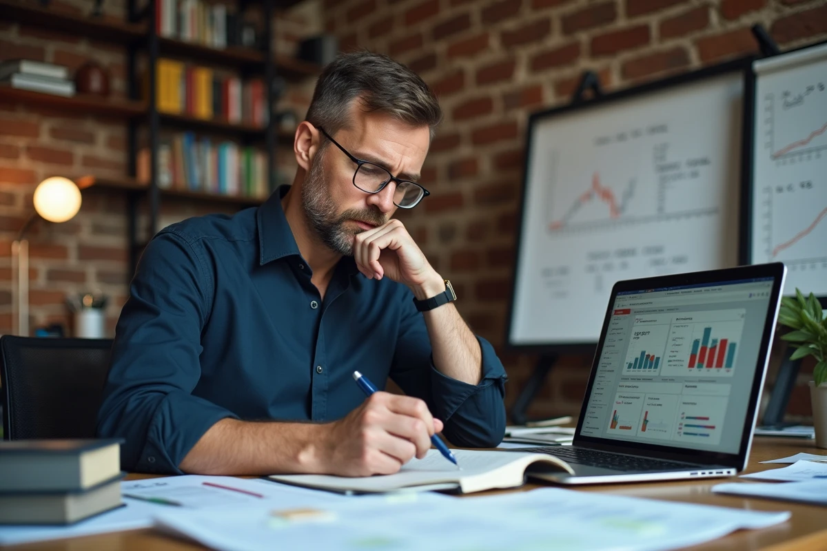 Analyste data assis à son bureau parisien entouré de rapports marketing et d'outils d'analyse e-commerce pour optimiser le panier moyen