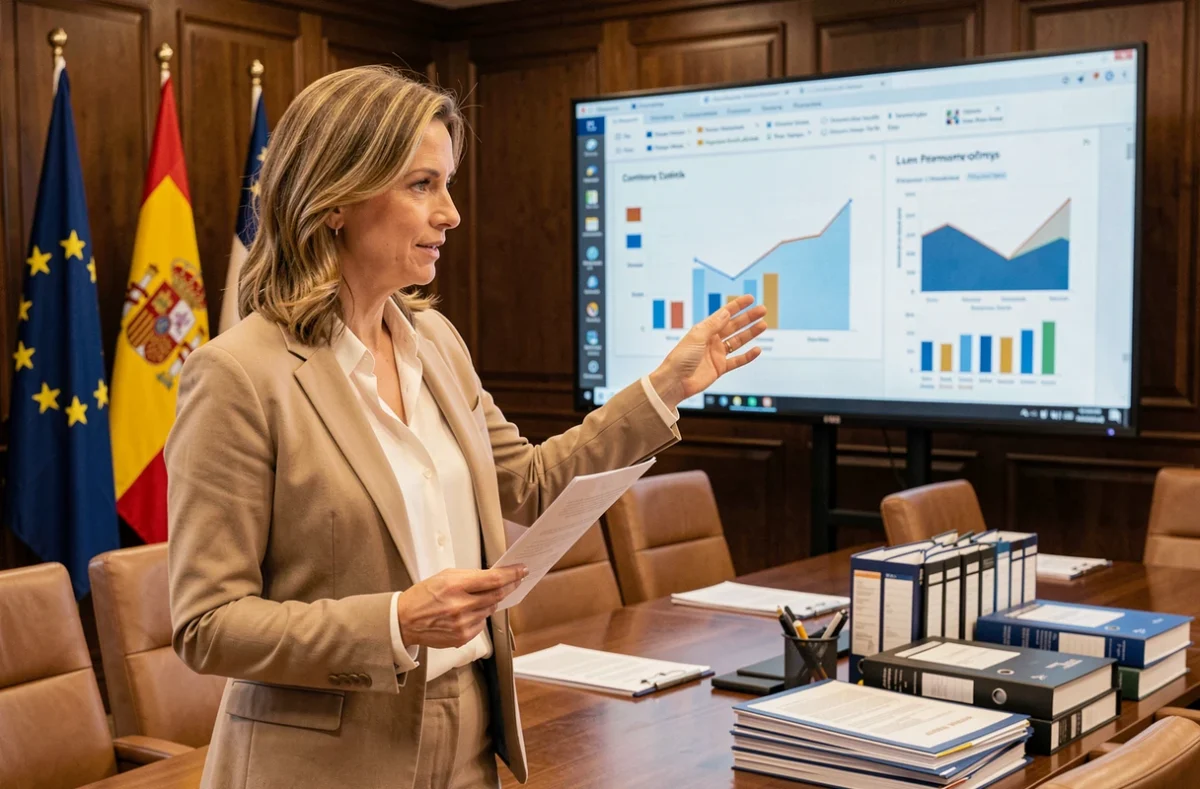 Analyste politique présentant les impacts des directives européennes sur Philip Morris Espagne lors d'une réunion institutionnelle