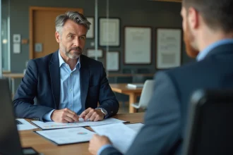 Deux professionnels en réunion d'affaires autour de documents financiers, illustrant le rôle d'un apporteur d'affaires particulier