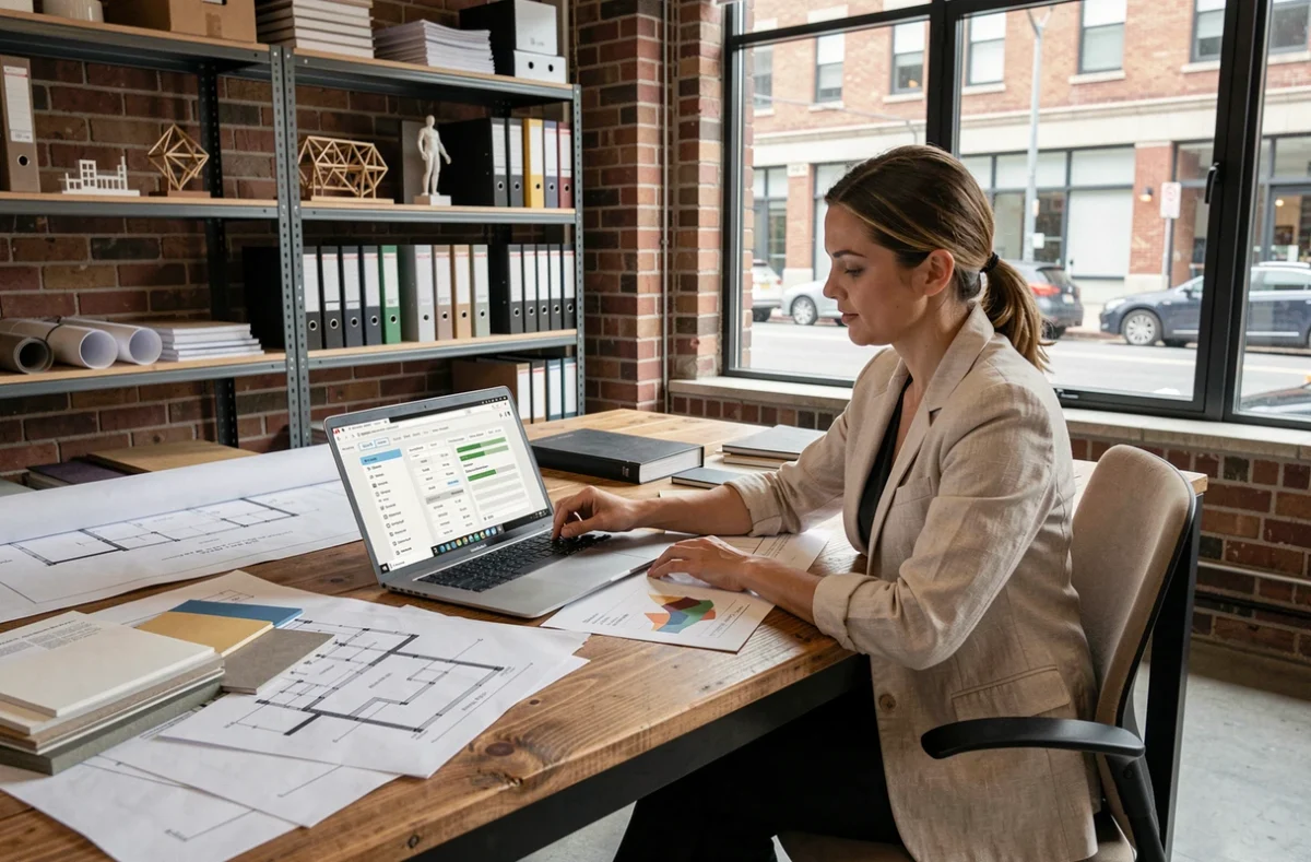 Architecte utilisant un logiciel de tarification et d'estimation pour professionnels du bâtiment dans son bureau