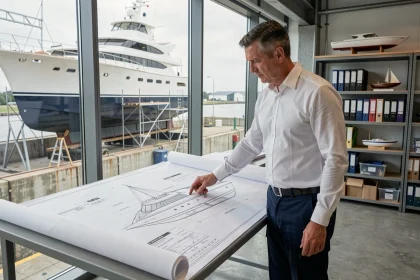 Architecte naval masculin étudiant des plans techniques dans un bureau de chantier naval moderne avec vue sur un dock industriel
