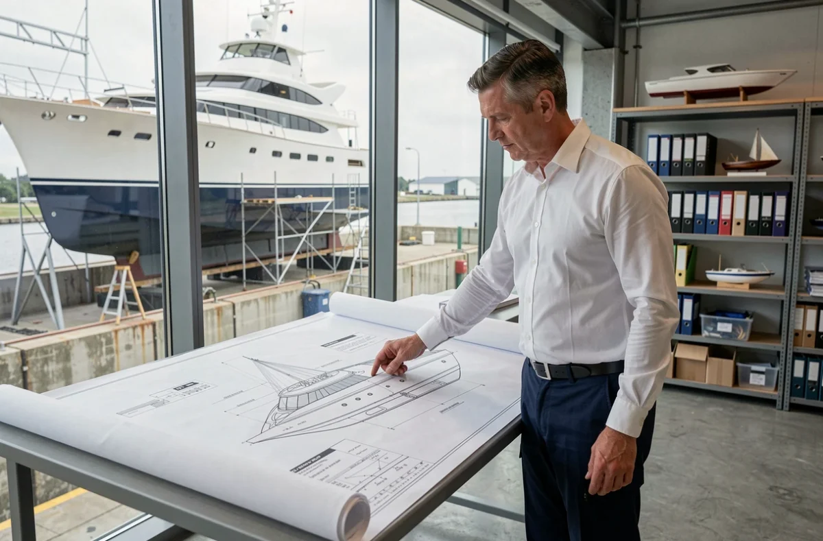 Architecte naval masculin étudiant des plans techniques dans un bureau de chantier naval moderne avec vue sur un dock industriel