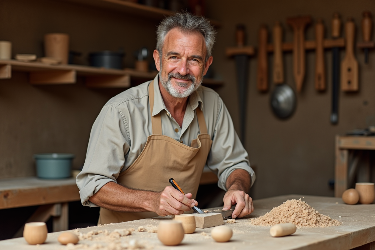 Artisan façonnant du bois avec un ciseau dans son atelier