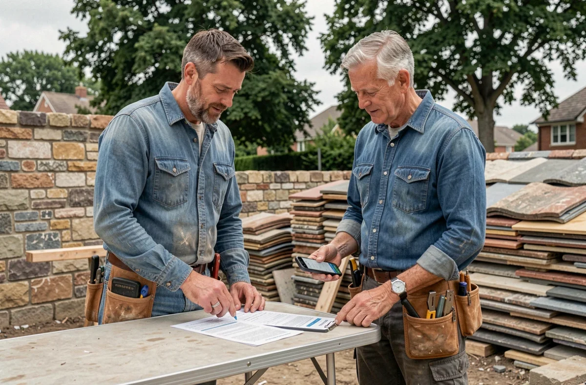 Deux artisans du bâtiment consultant des tarifs professionnels sur smartphone lors d'une réunion de chantier