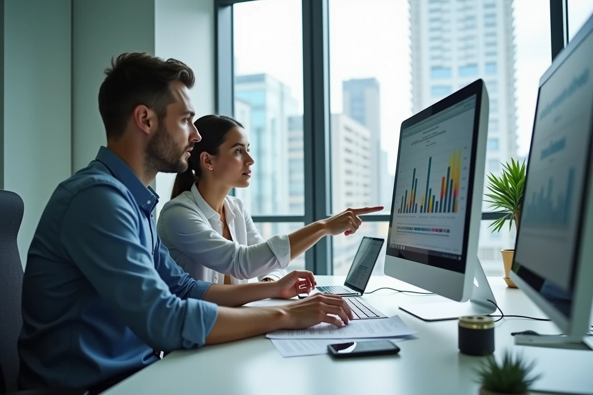 Deux professionnels analysant des rapports de traçabilité et de contrôle réglementaire sur écran dans un bureau moderne