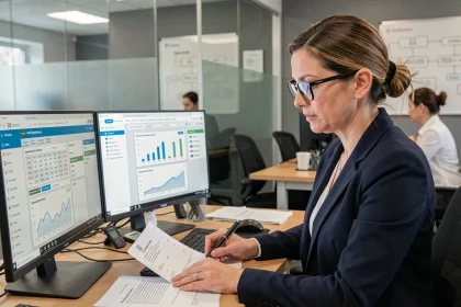Auditrice professionnelle analysant des tableaux de bord IA sur double écran dans un cabinet comptable moderne en 2026