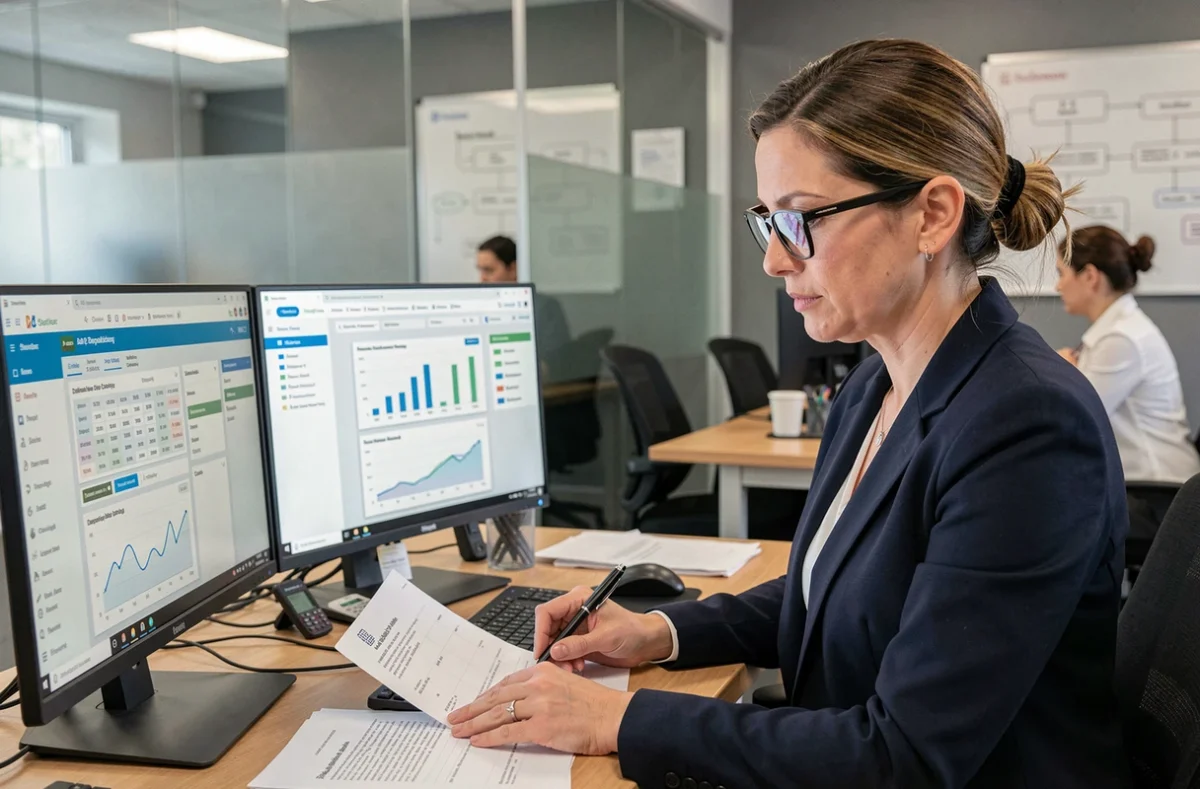 Auditrice professionnelle analysant des tableaux de bord IA sur double écran dans un cabinet comptable moderne en 2026