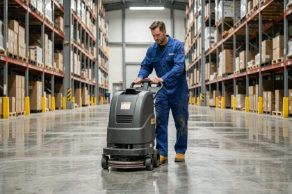 Opérateur utilisant une autolaveuse autoportée dans un grand entrepôt industriel
