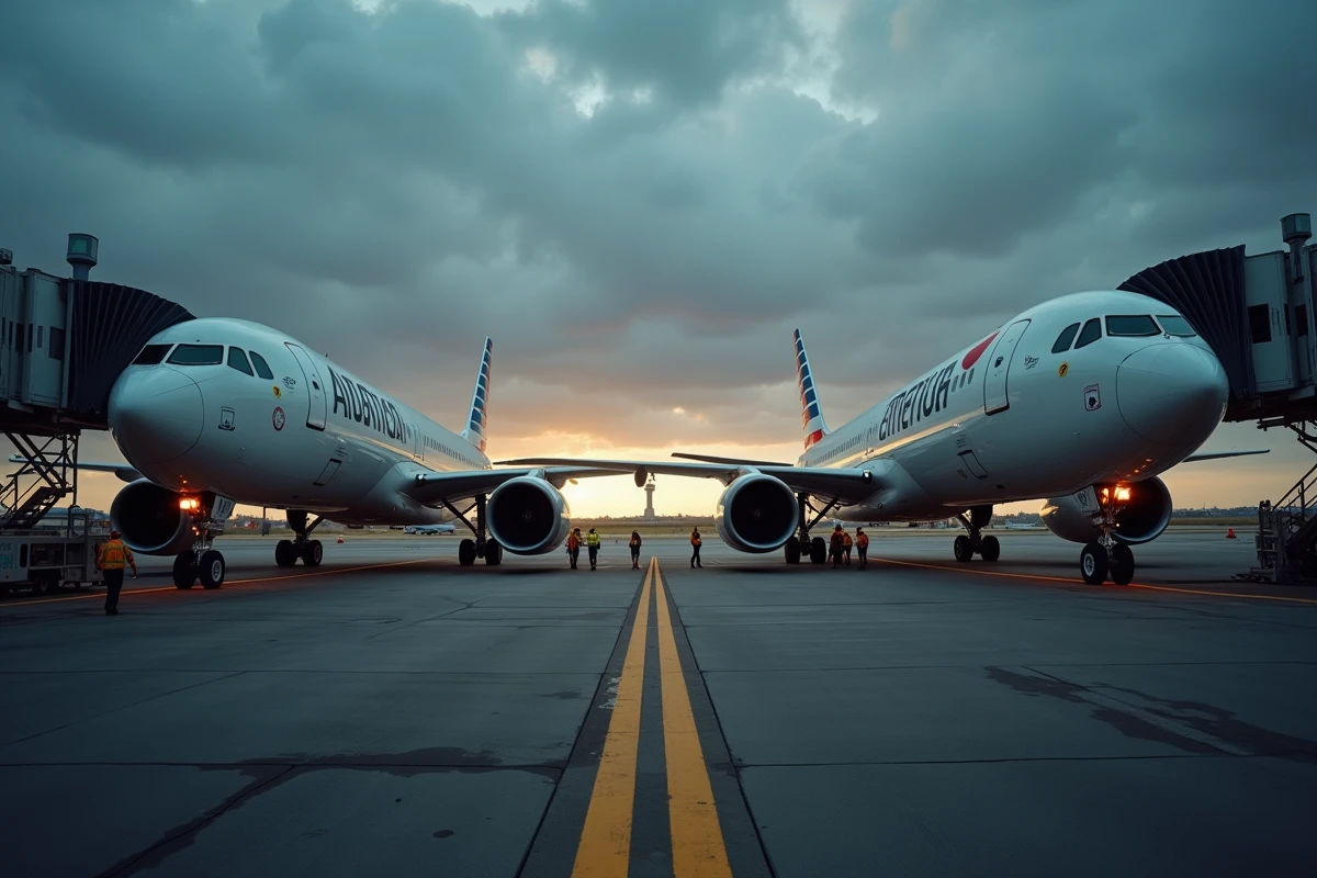 Deux avions commerciaux de grande capacité stationnés sur un tarmac d'aéroport international au crépuscule, représentant la rivalité géopolitique entre Boeing et Airbus