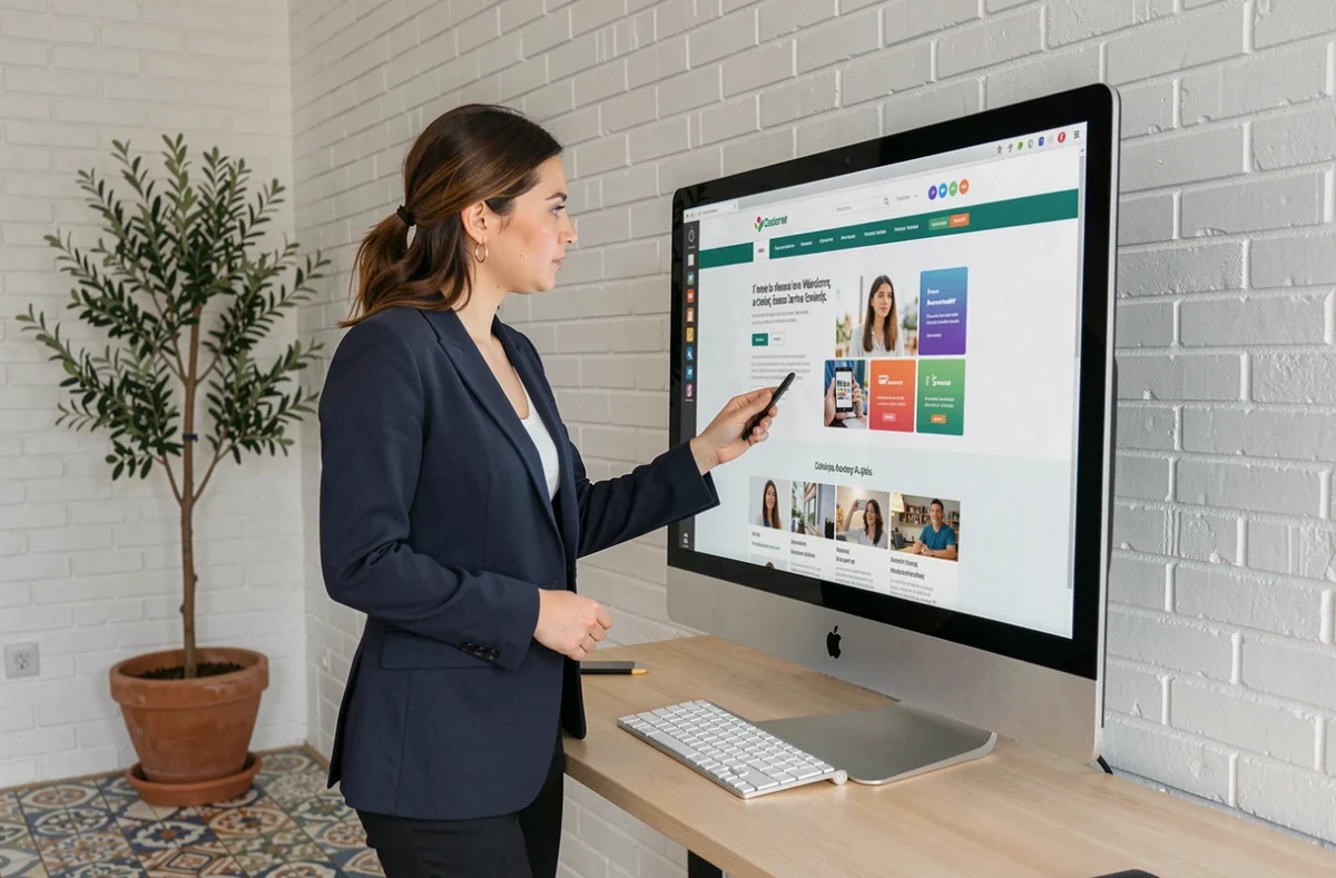 Professionnelle de l'agence Barcelona & Co devant un écran affichant une création de site web