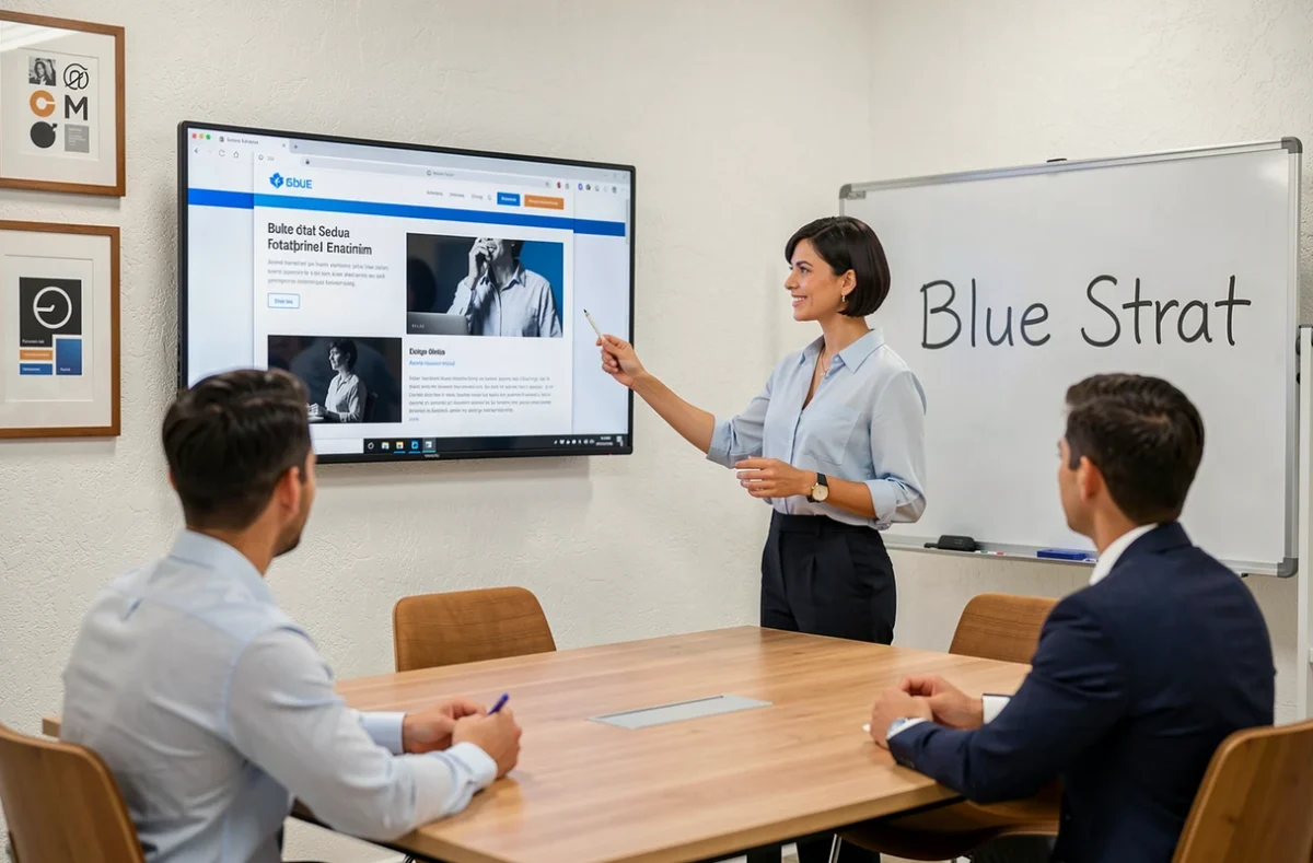 Designer de l'agence Blue Strat présentant une maquette de site web à des clients dans une salle de réunion moderne