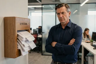 Manager en entreprise ignorant une boîte à idées débordante de suggestions non lues, symbolisant le manque d'engagement envers les employés