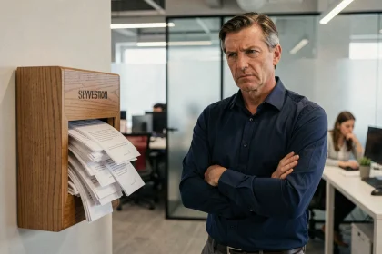 Manager en entreprise ignorant une boîte à idées débordante de suggestions non lues, symbolisant le manque d'engagement envers les employés