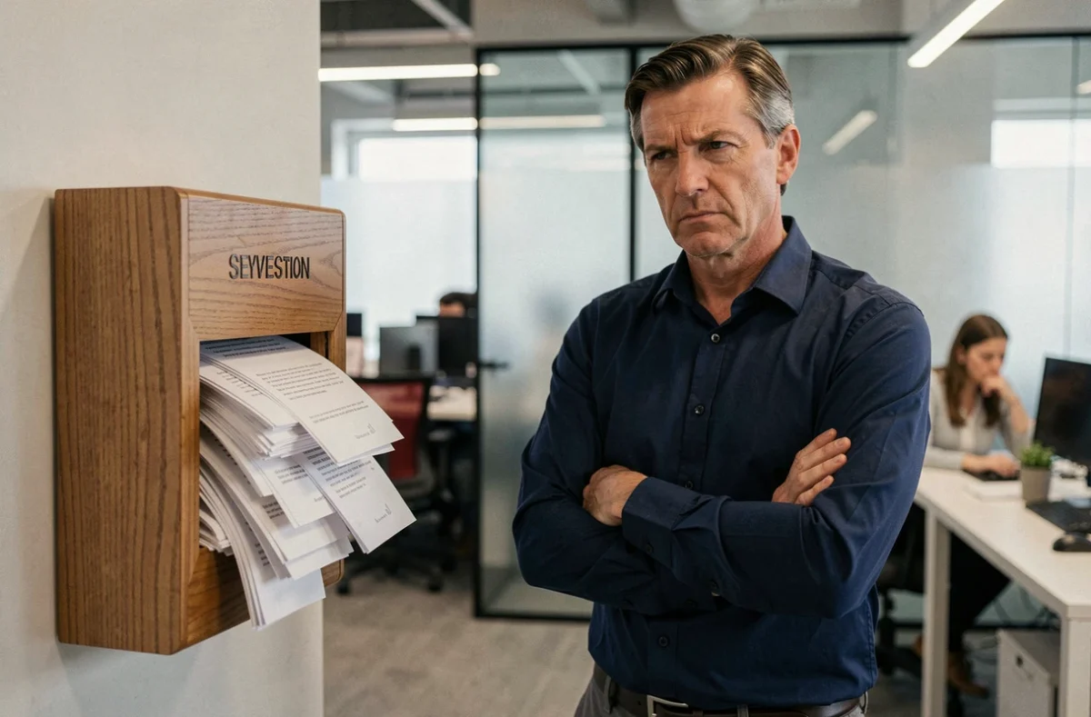 Manager en entreprise ignorant une boîte à idées débordante de suggestions non lues, symbolisant le manque d'engagement envers les employés