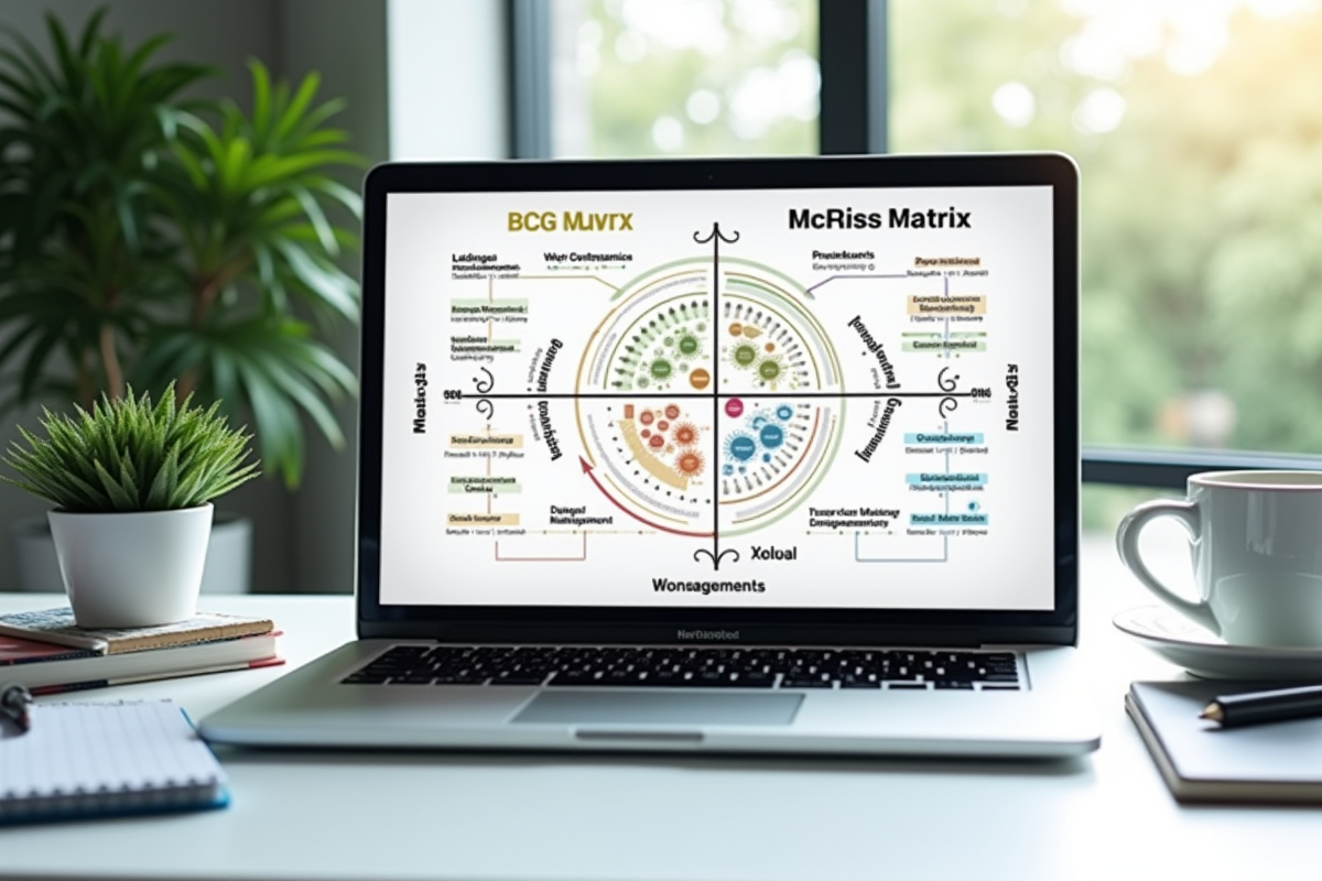 Espace de travail avec ordinateur portable affichant BCG et McKinsey