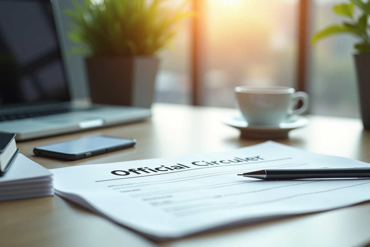 Bureau moderne avec document officiel et café lumineux