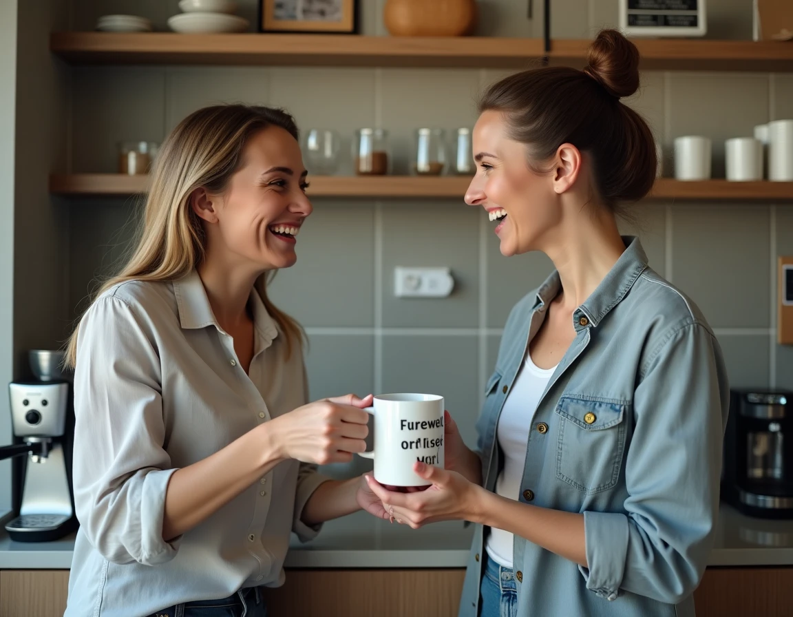 Deux collègues féminines échangeant un cadeau humoristique lors d'un départ dans la cuisine d'un bureau