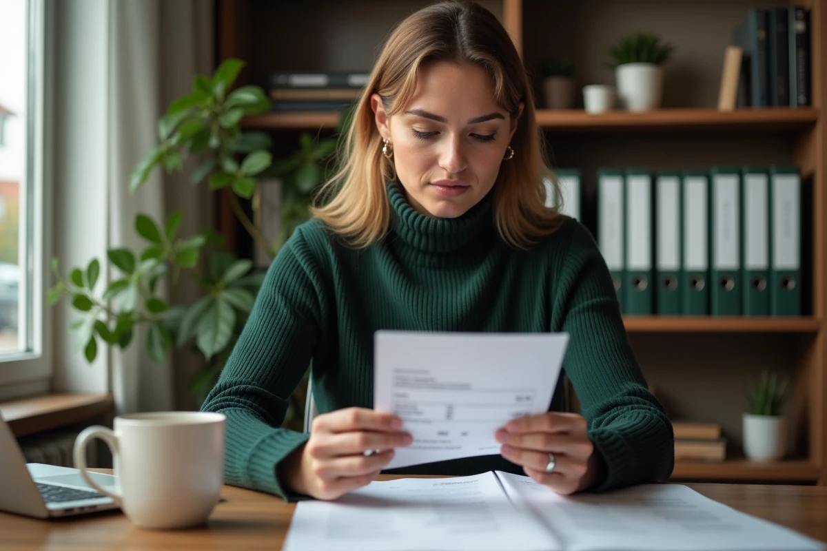 Cadre territoriale de catégorie A analysant sa fiche de paie et un document salarial à domicile
