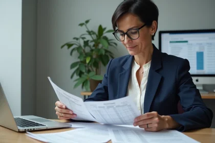 Fonctionnaire femme calculant son salaire contractuel avec des fiches de paie sur un bureau administratif