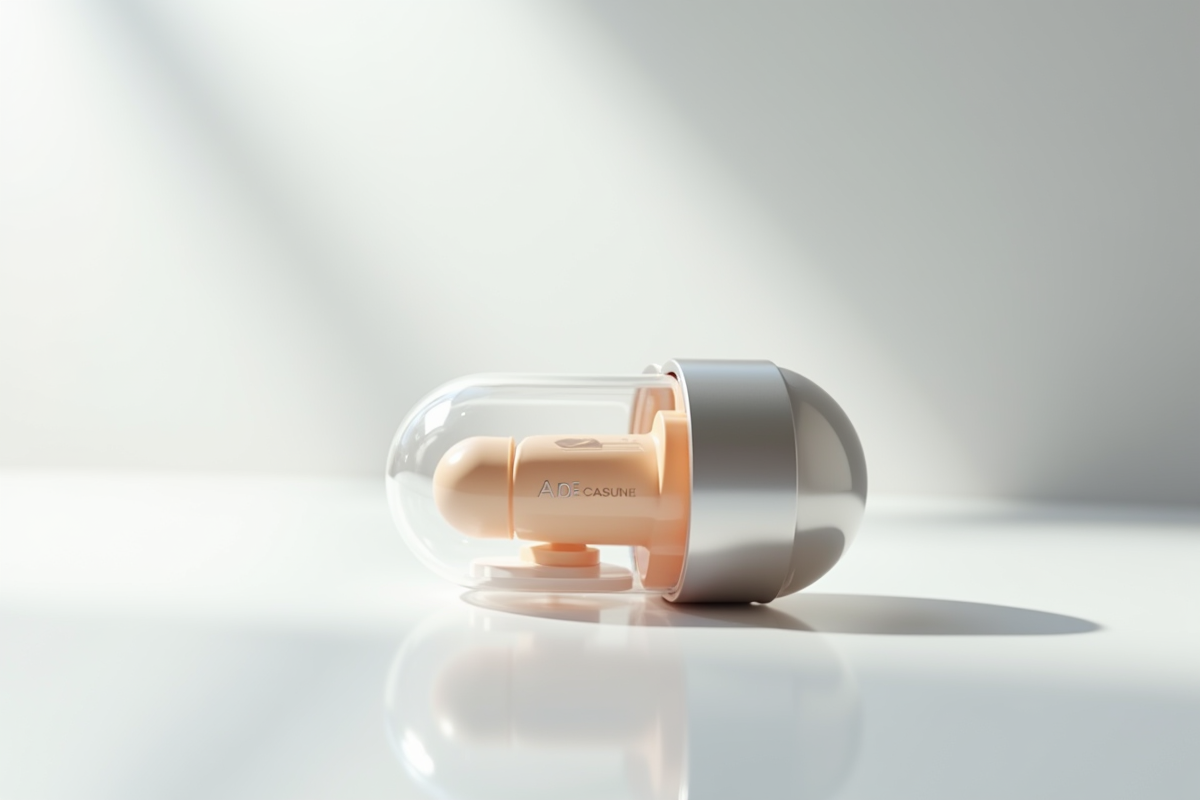 Capsule élégante avec produit de marque sur surface blanche minimaliste