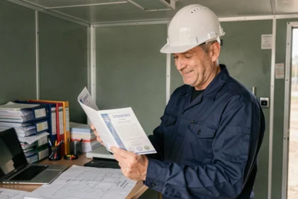 Professionnel du BTP tenant un document de certification N4p2 dans un bureau de chantier
