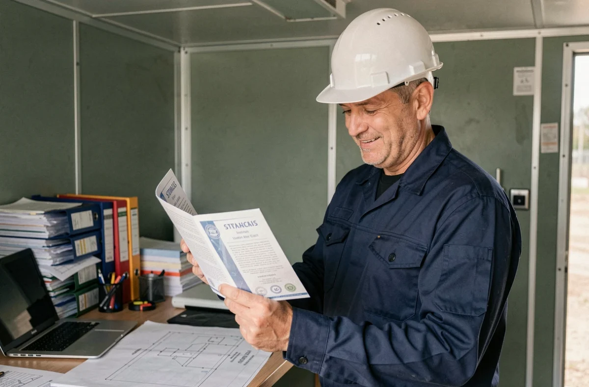 Professionnel du BTP tenant un document de certification N4p2 dans un bureau de chantier