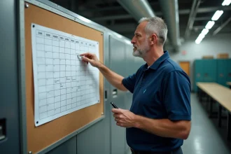 Chef d'équipe pointant un planning 5x8 affiché dans une salle de pause industrielle