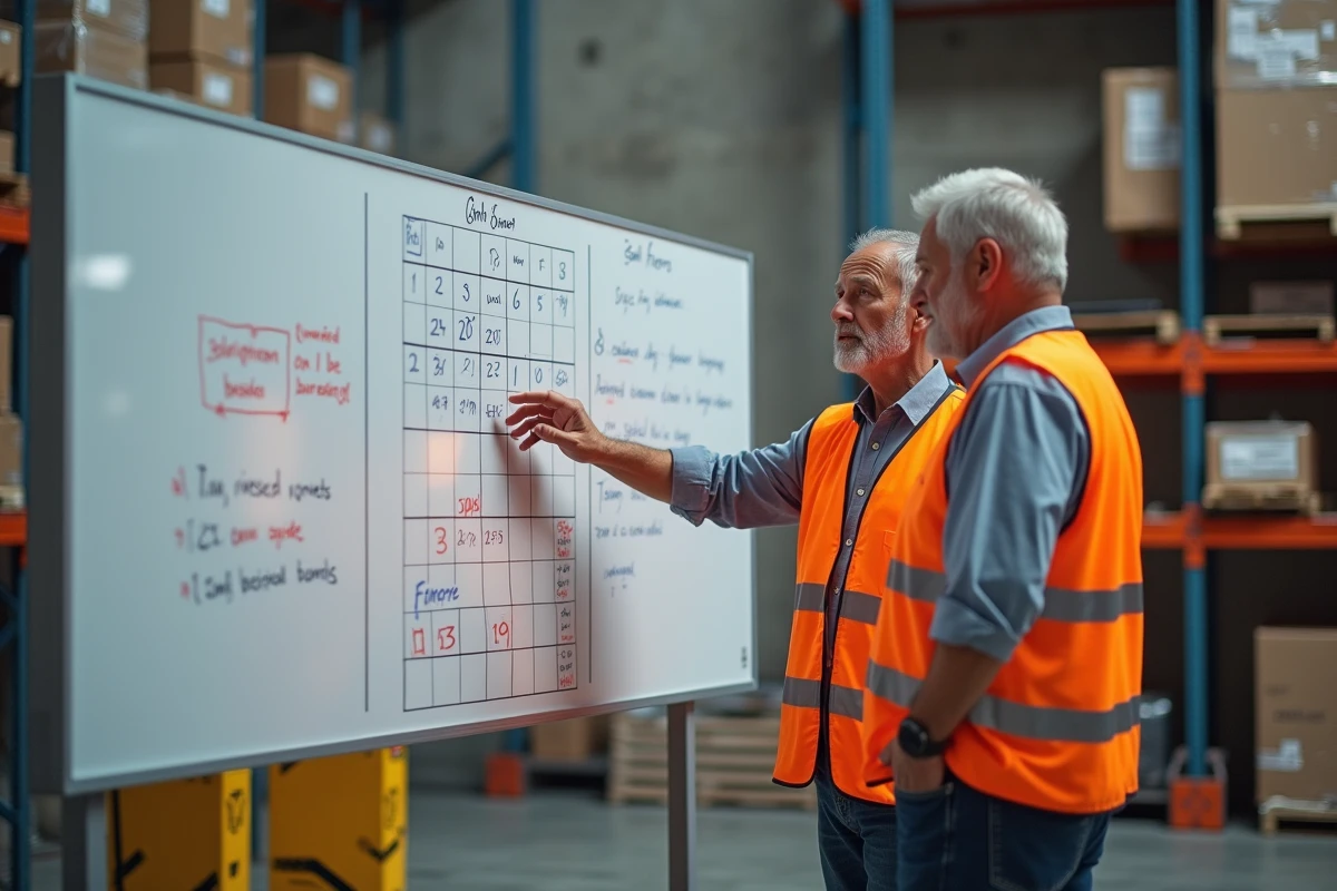 Deux chefs d'équipe discutant d'un planning de rotation 5x8 devant un tableau blanc en entrepôt logistique