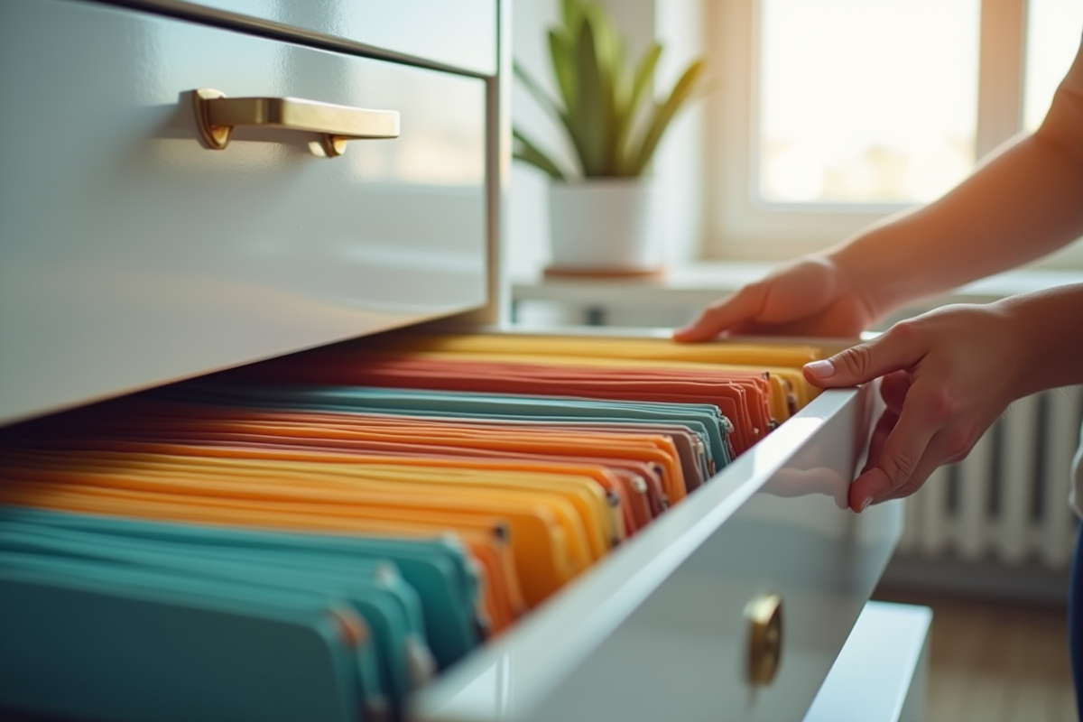 Mains organisant dossiers colorés dans un bureau lumineux