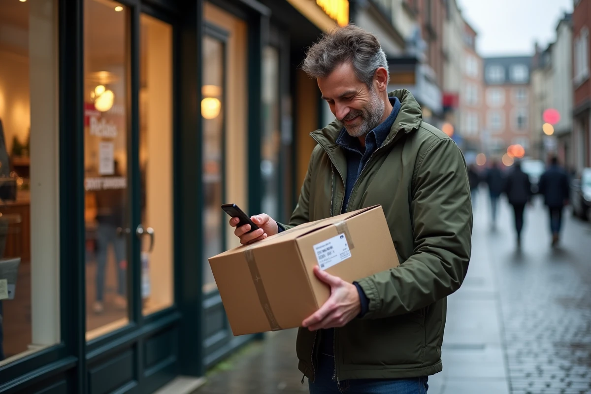 Client récupérant un colis devant un point relais dans une rue de Lille